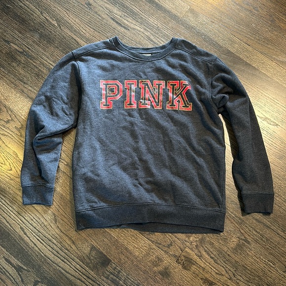 PINK Victoria's Secret Tops - Victorias Secret Gray Sweatshirt Plaid Red Letters Medium M EUC